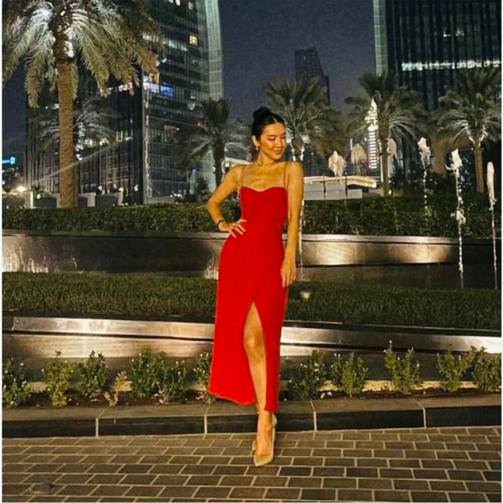 Red Dress midi cocktail party date slit bustier tie bow straps corset sweetheart - Picture 5 of 7